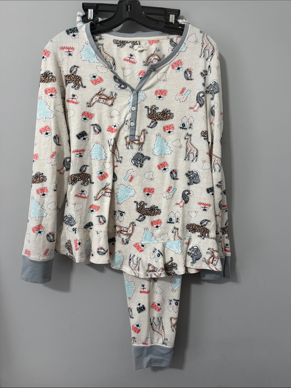 Cream Animal Print, Grift and Trees Pajama Set with Light Gray Trim-Size Large